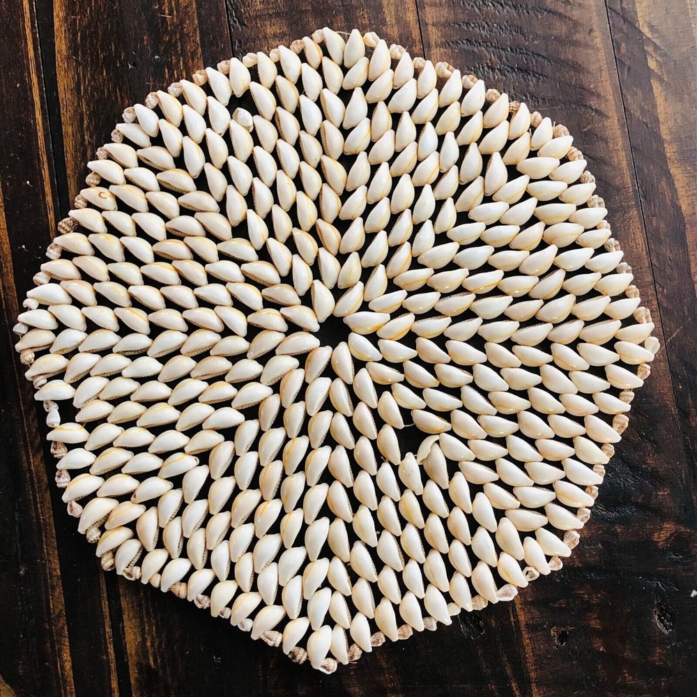 Vintage Sea Shell Doily Ring/Trivet Real Cowrie Shells Hexagon 11"x11"